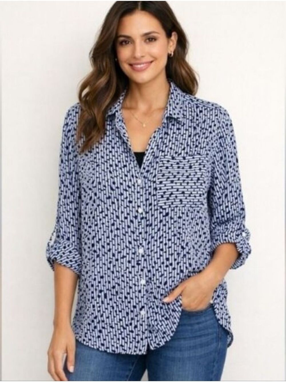 Next White Blue Stripe Splatter Print Roll Tab Sleeve Button Up Blouse Medium